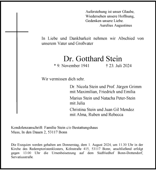 Anzeige von Gotthard Stein von General-Anzeiger Bonn