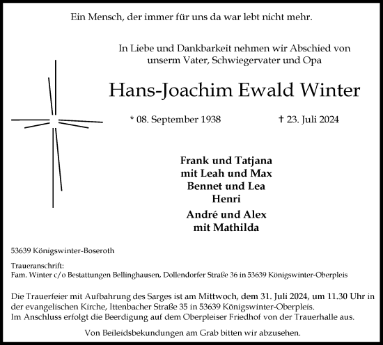 Anzeige von Hans-Joachim Ewald Winter von General-Anzeiger Bonn