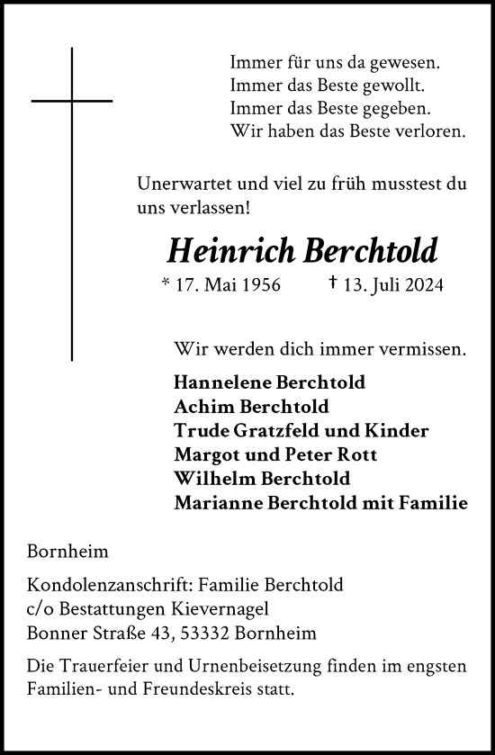 Anzeige von Heinrich Berchtold von General-Anzeiger Bonn