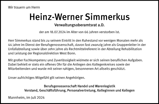 Anzeige von Heinz-Werner Simmerkus von General-Anzeiger Bonn