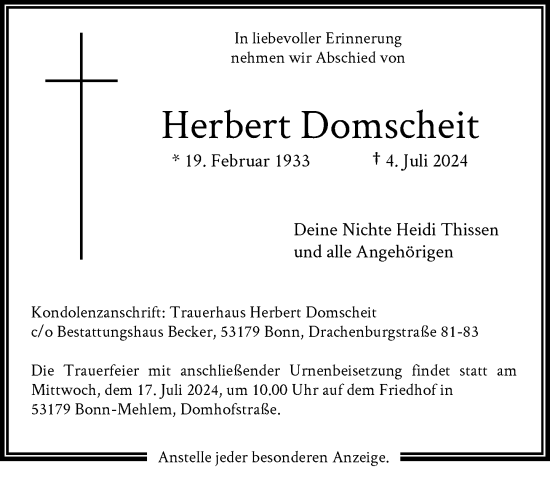 Anzeige von Herbert Domscheit von General-Anzeiger Bonn
