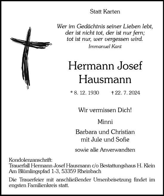 Anzeige von Hermann Josef Hausmann von General-Anzeiger Bonn