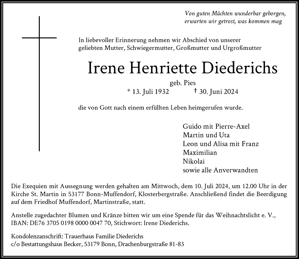  Traueranzeige für Irene Henriette Diederichs vom 06.07.2024 aus General-Anzeiger Bonn