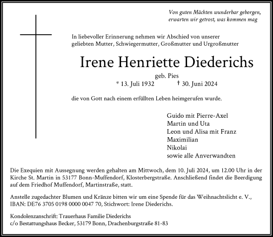 Anzeige von Irene Henriette Diederichs von General-Anzeiger Bonn