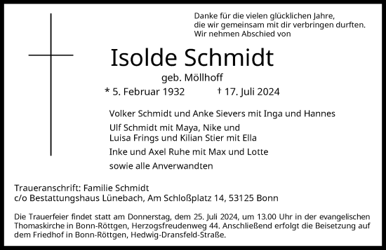 Anzeige von Isolde Schmidt von General-Anzeiger Bonn