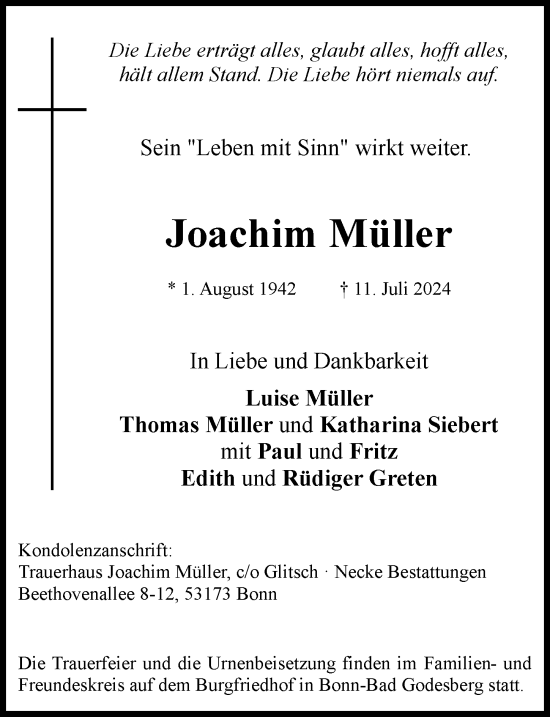 Anzeige von Joachim Müller von General-Anzeiger Bonn