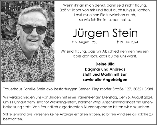 Anzeige von Jürgen Stein von General-Anzeiger Bonn