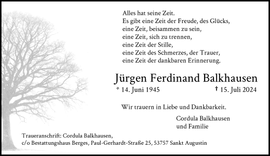 Anzeige von Jürgen Ferdinand Balkhausen von General-Anzeiger Bonn