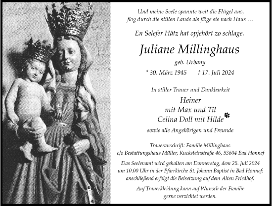 Anzeige von Juliane Millinghaus von General-Anzeiger Bonn