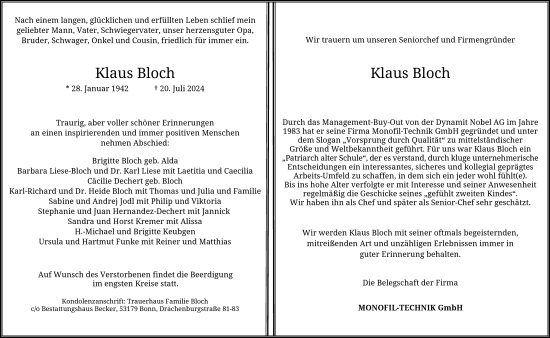 Anzeige von Klaus Bloch von General-Anzeiger Bonn