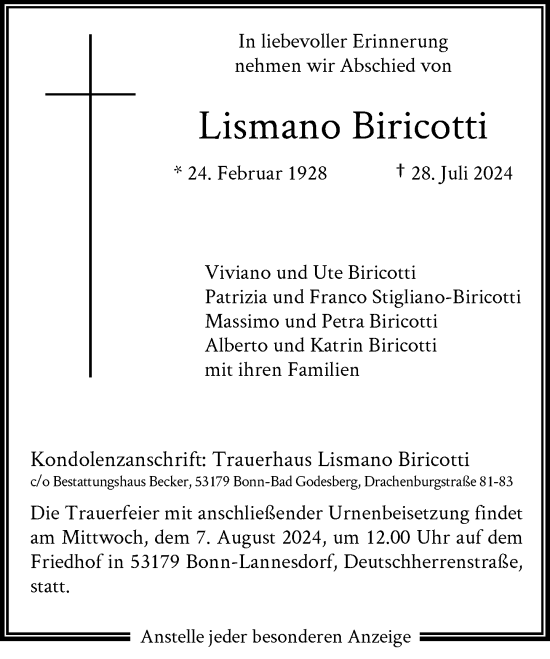 Anzeige von Lismano Biricotti von General-Anzeiger Bonn