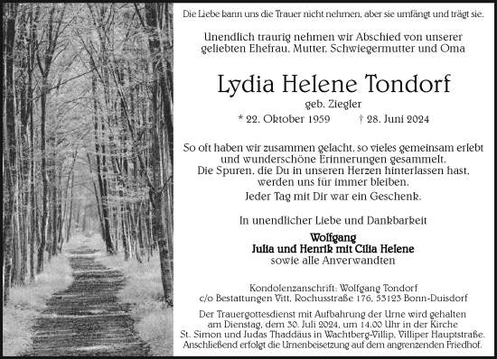 Anzeige von Lydia Helene Tondorf von General-Anzeiger Bonn