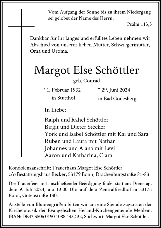 Anzeige von Margot Else Schöttler von General-Anzeiger Bonn