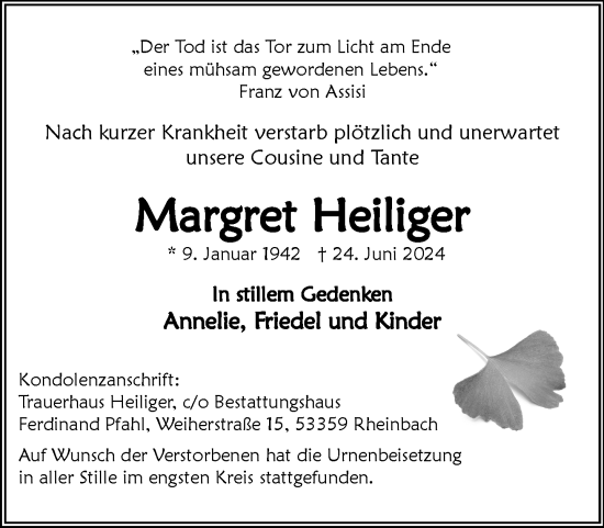 Anzeige von Margret Heiliger von General-Anzeiger Bonn