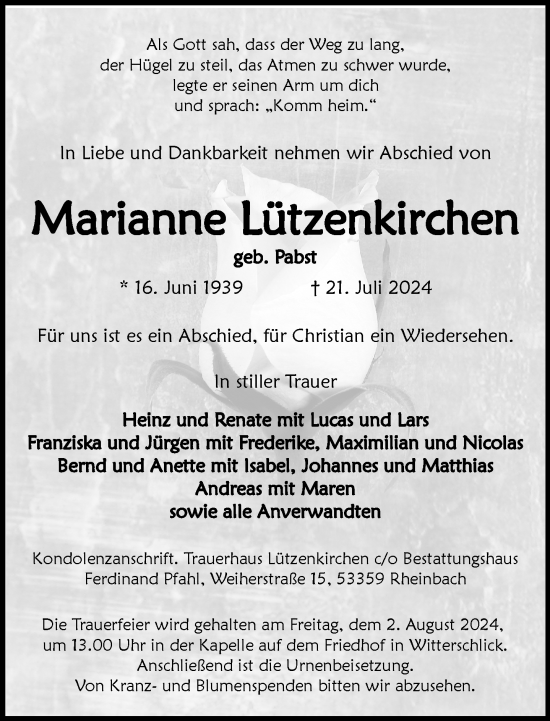 Anzeige von Marianne Lützenkirchen von General-Anzeiger Bonn