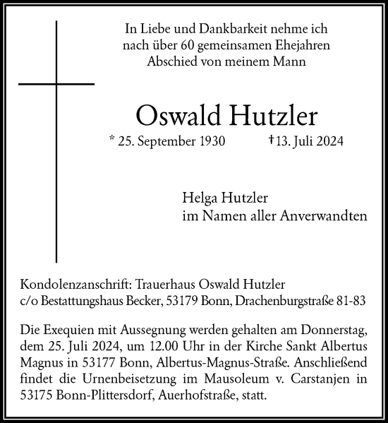 Anzeige von Oswald Hutzler von General-Anzeiger Bonn
