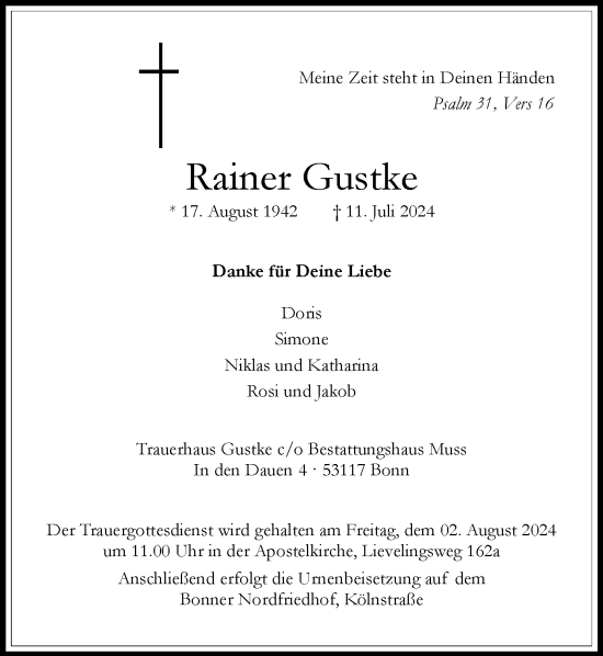 Anzeige von Rainer Gustke von General-Anzeiger Bonn