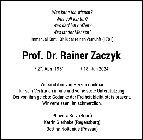 Anzeige von Rainer Zaczyk von General-Anzeiger Bonn