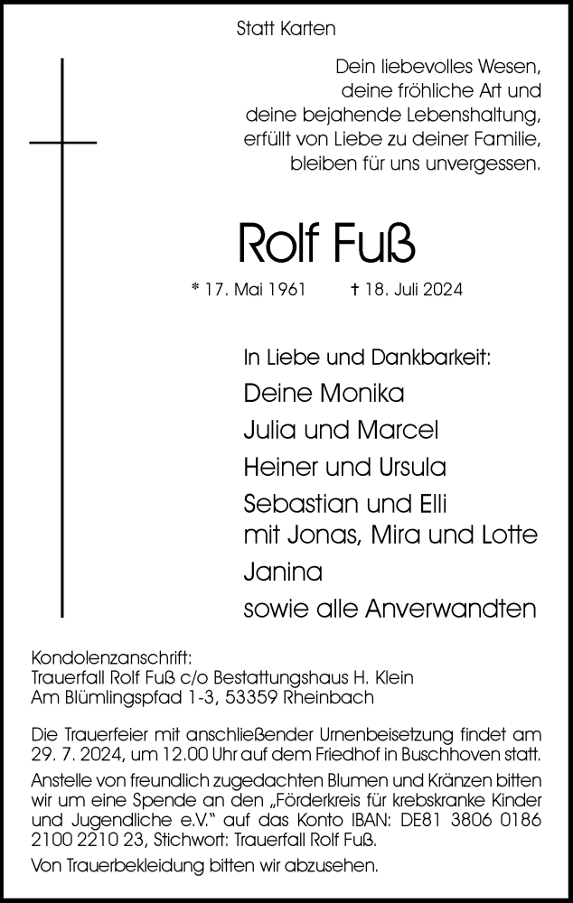  Traueranzeige für Rolf Fuß vom 24.07.2024 aus General-Anzeiger Bonn