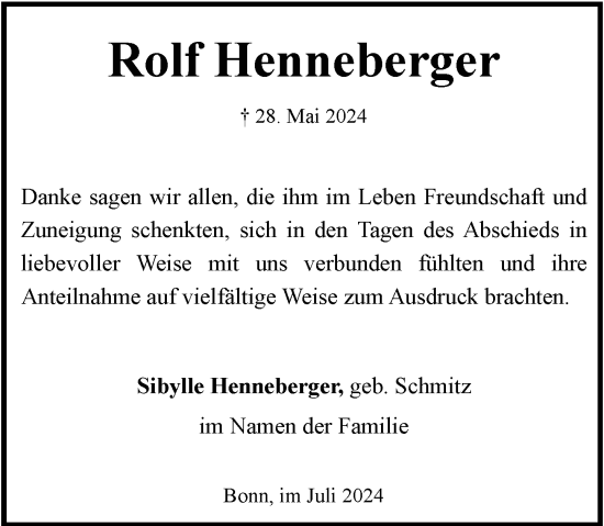 Anzeige von Rolf Henneberger von General-Anzeiger Bonn