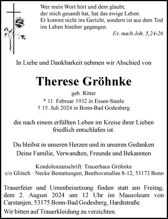 Anzeige von Therese Gröhnke von General-Anzeiger Bonn
