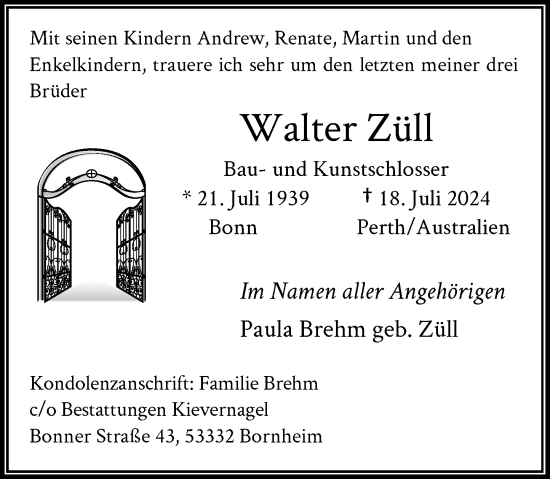 Anzeige von Walter Züll von General-Anzeiger Bonn
