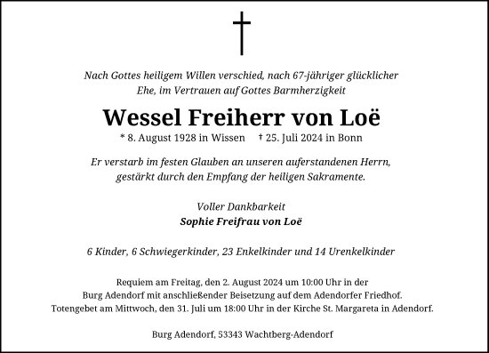 Anzeige von Wessel Freiherr von Loe von General-Anzeiger Bonn