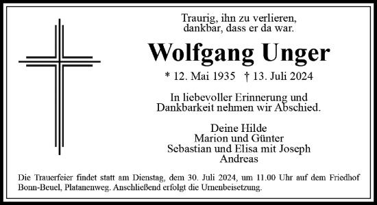 Anzeige von Wolfgang Unger von General-Anzeiger Bonn
