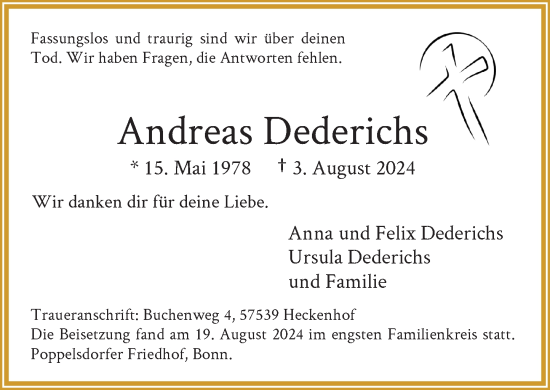 Anzeige von Andreas Dederichs von General-Anzeiger Bonn