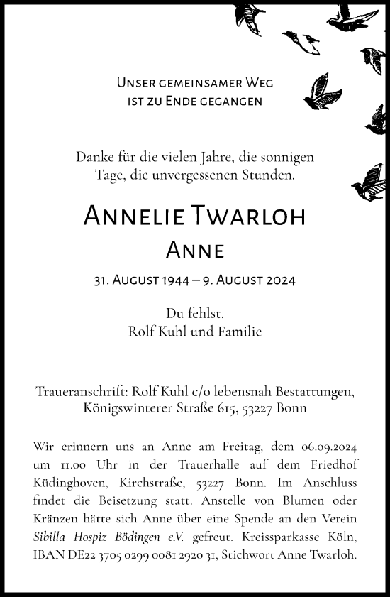 Anzeige von Annelie Twarloh Anne von General-Anzeiger Bonn