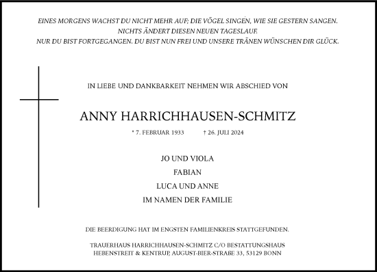 Anzeige von Anny Harrichhausen-Schmitz von General-Anzeiger Bonn