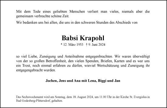 Anzeige von Babsi Krapohl von General-Anzeiger Bonn