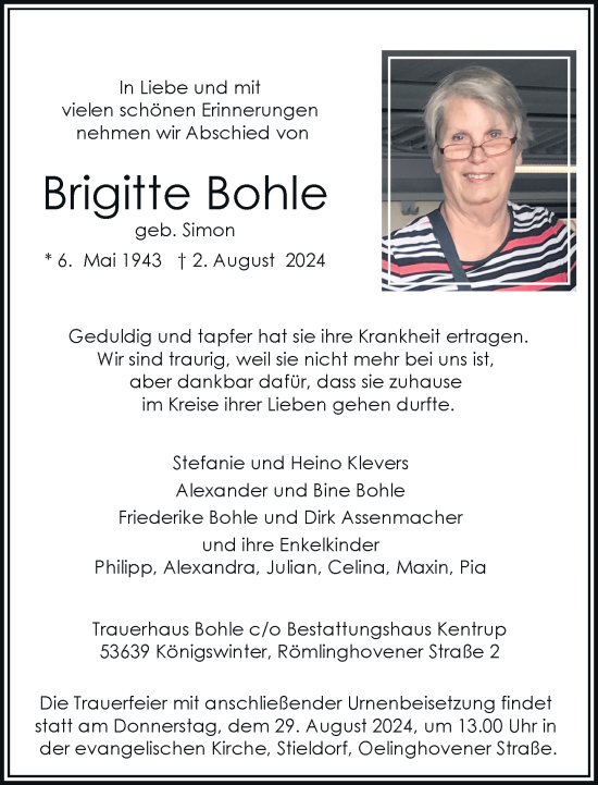 Anzeige von Brigitte Bohle von General-Anzeiger Bonn