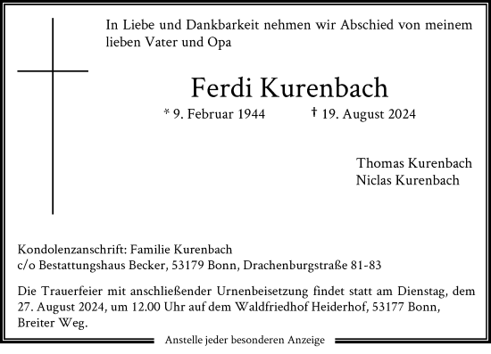 Anzeige von Ferdi Kurenbach von General-Anzeiger Bonn