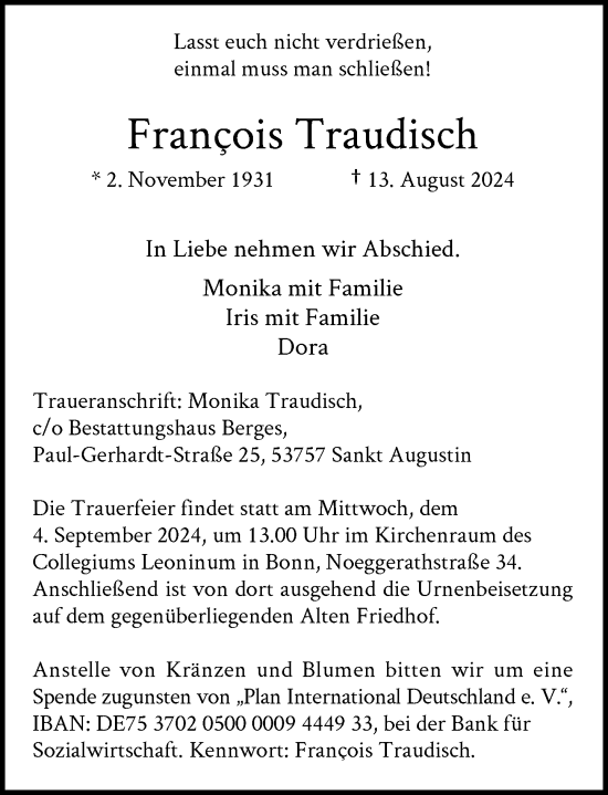 Anzeige von Francois Traudisch von General-Anzeiger Bonn