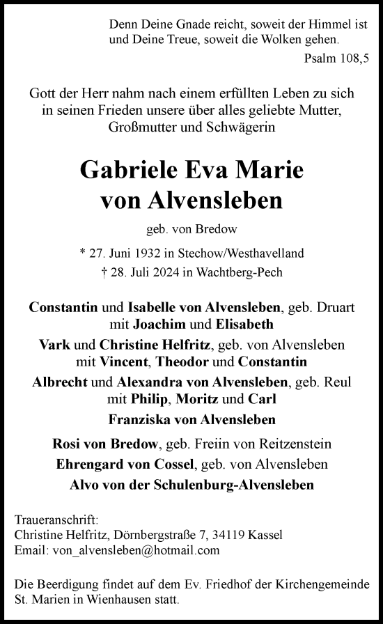 Anzeige von Gabriele Eva Marie von Alvensleben von General-Anzeiger Bonn