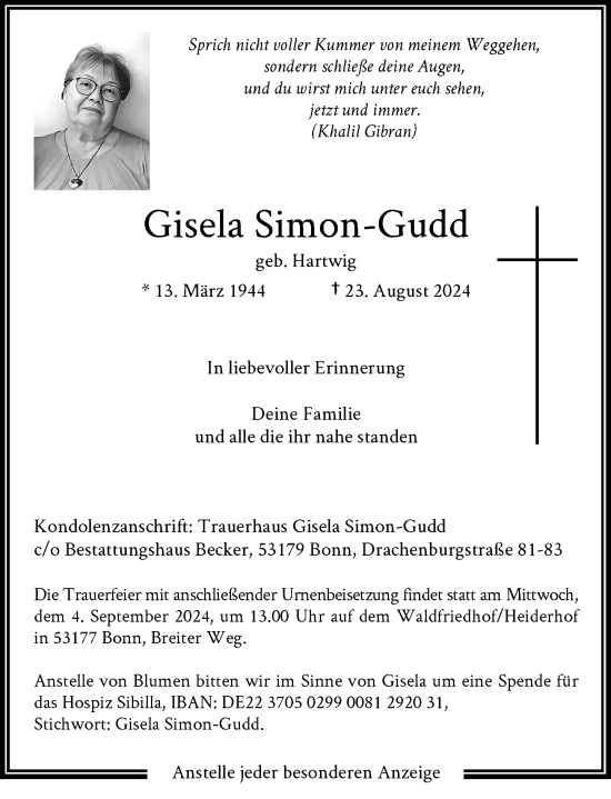 Anzeige von Gisela Simon-Gudd von General-Anzeiger Bonn