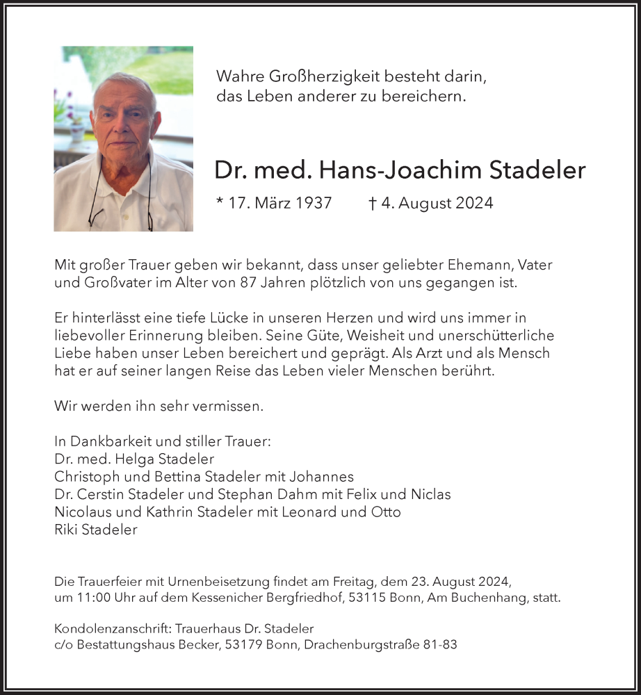  Traueranzeige für Hans-Joachim Stadeler vom 10.08.2024 aus General-Anzeiger Bonn