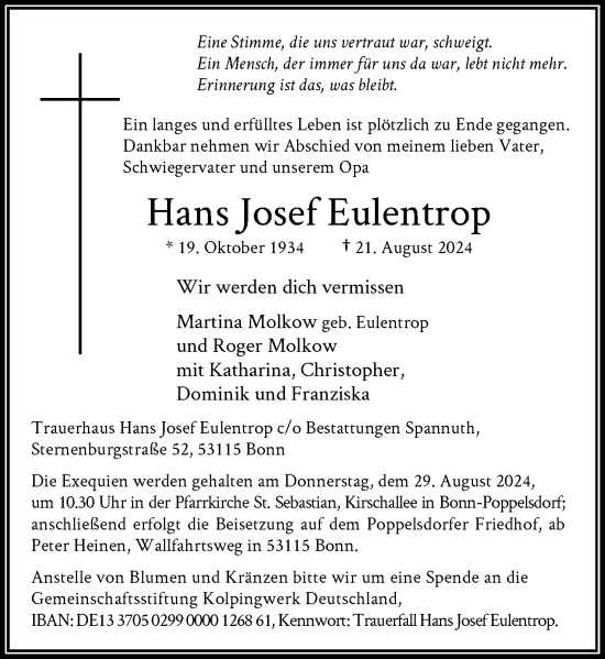 Anzeige von Hans Josef Eulentrop von General-Anzeiger Bonn