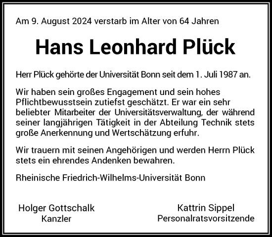 Anzeige von Hans Leonhard Plück von General-Anzeiger Bonn