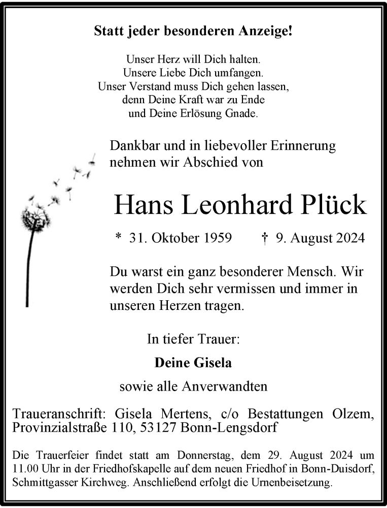  Traueranzeige für Hans Leonhard Plück vom 24.08.2024 aus General-Anzeiger Bonn