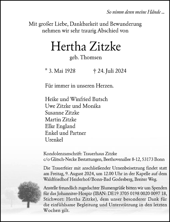 Anzeige von Hertha Zitzke von General-Anzeiger Bonn