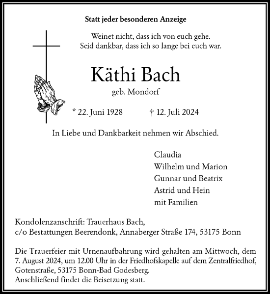 Anzeige von Käthi Bach von General-Anzeiger Bonn