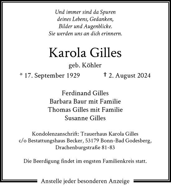 Anzeige von Karola Gilles von General-Anzeiger Bonn