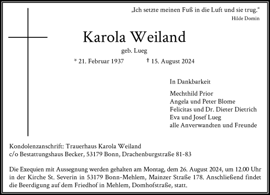 Anzeige von Karola Weiland von General-Anzeiger Bonn