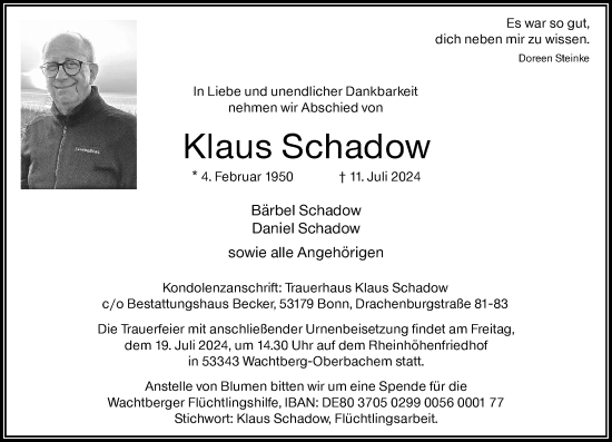 Anzeige von Klaus Schadow von General-Anzeiger Bonn