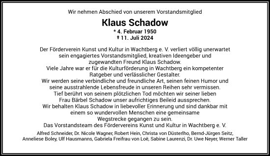 Anzeige von Klaus Schadow von General-Anzeiger Bonn