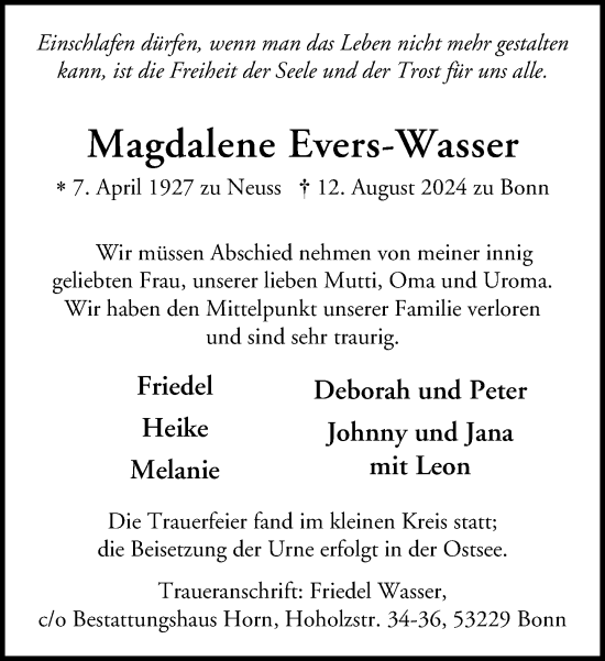 Anzeige von Magdalene Evers-Wasser von General-Anzeiger Bonn