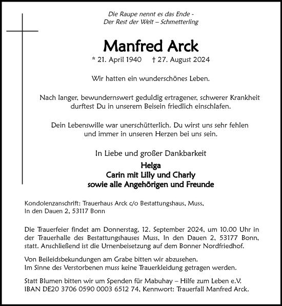 Anzeige von Manfred Arck von General-Anzeiger Bonn