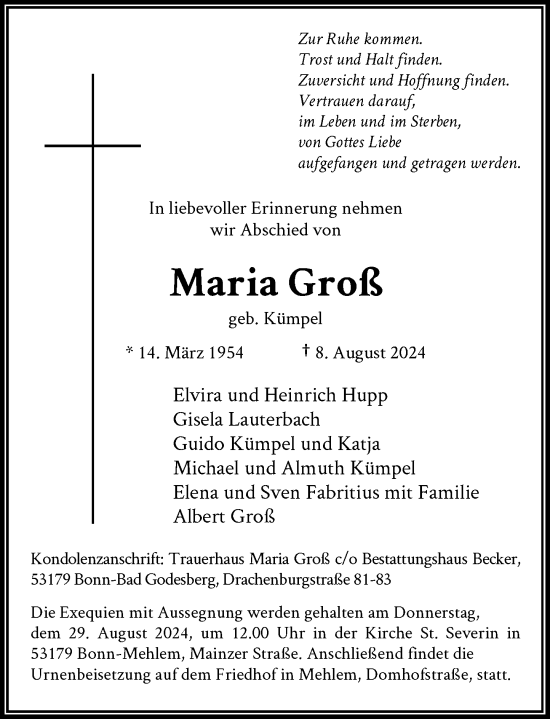 Anzeige von Maria Groß von General-Anzeiger Bonn